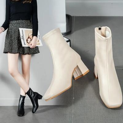 High Heels Short Boots Women Autumn Square Toe Women's Boots Solid Pu Leather Ladies Block Heels Outdoor Party Female Botines