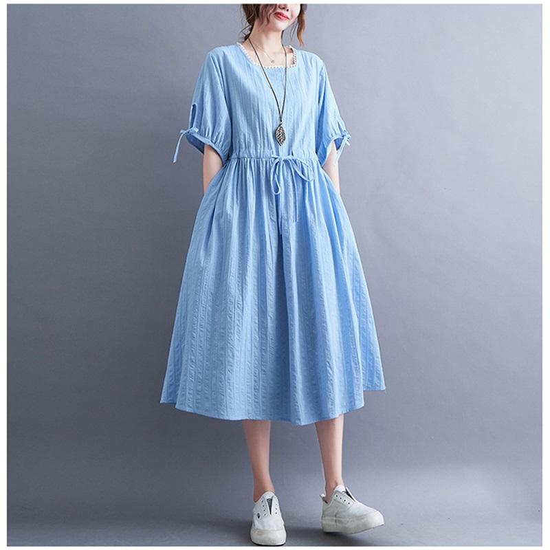 Long Dress Women Linen Large Size Loose Summer Solid Color Short-sleeved Dress Knee-length Thin Large Swing Dress