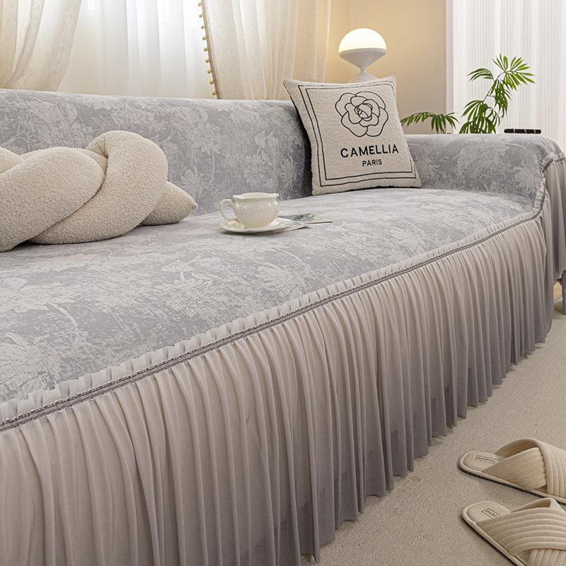 1 Stück Chenille Sofabezug mit geometrischem Blattmuster & Spitzenbesatz Einteiliges Design für 1- bis 4-Sitzer-Sofas, Ganzjahres-Dekor für Wohn- & Schlafzimmer