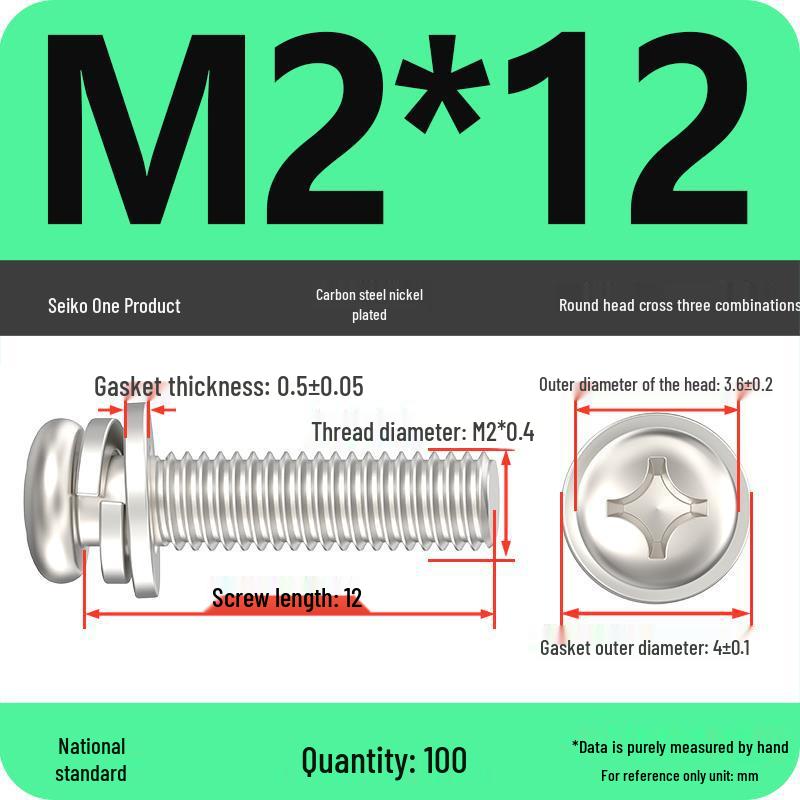 Nickel-Plated Phillips Pan Head Screw with Washer, M2-M6 Thread