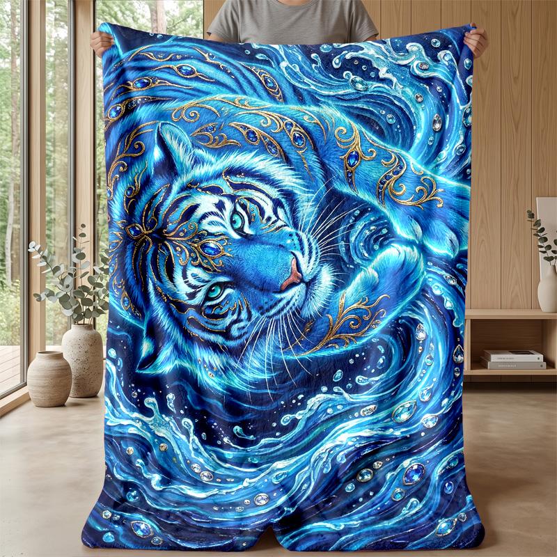 Blue Tiger Spirit Blanket Personalized Name Flannel Blanket Soft Cozy Plush Throw for Sofa Bed Lightweight Home Decor