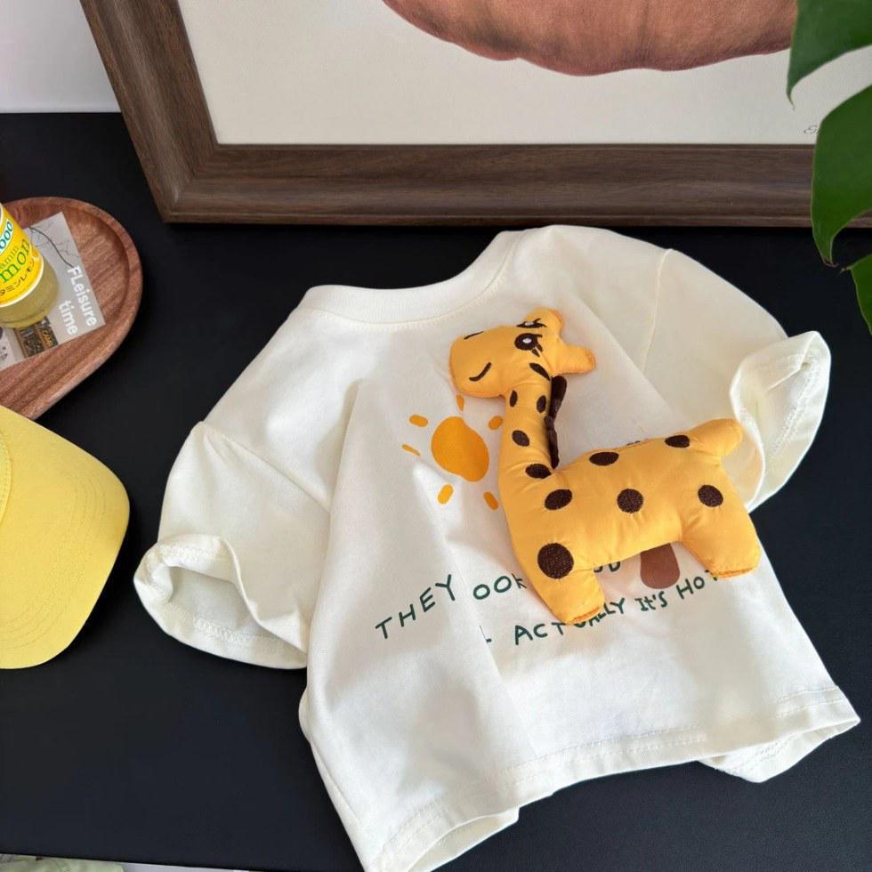 Unisex Koszulka Bawełniana dla Dzieci, Urocza Żyrafa 3D, Krótki Rękaw, Styl Letni