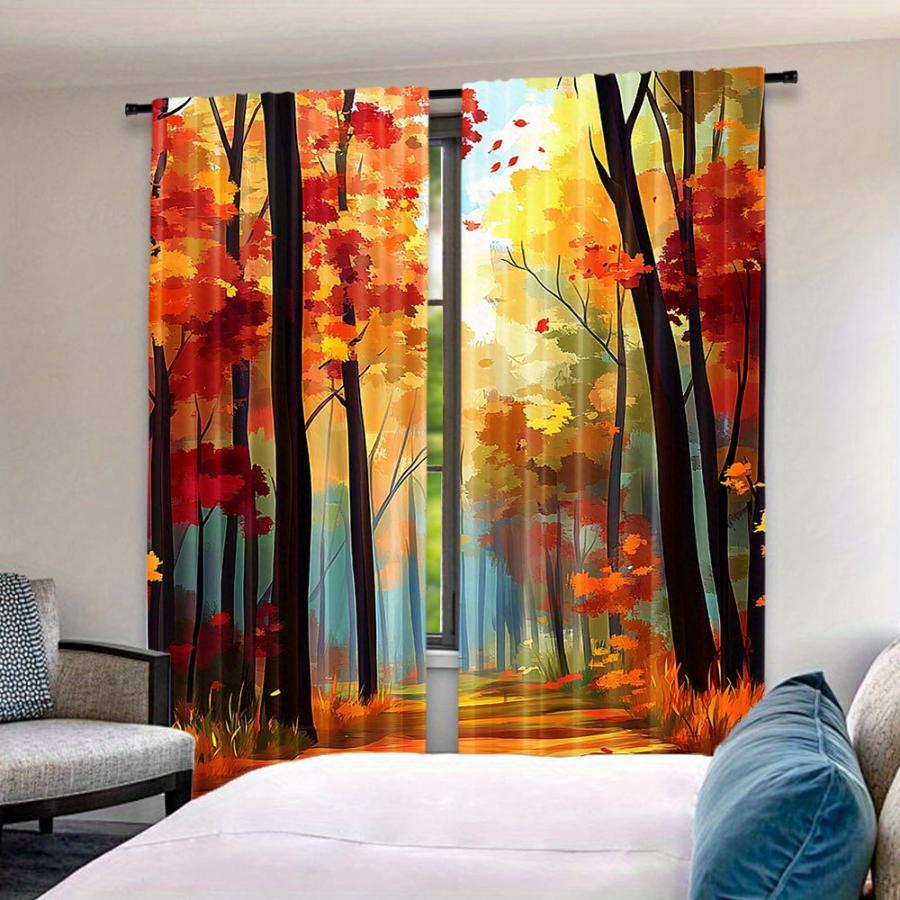 2PCS Digital Print Curtains, Oil Painting Autumn Forest, Art Vintage