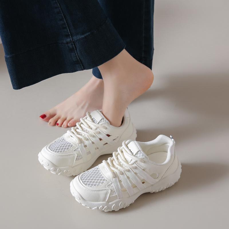 Leather mesh breathable dad shoes 2025 summer new women's shoes thick-soled hole hollow casual sports shoes