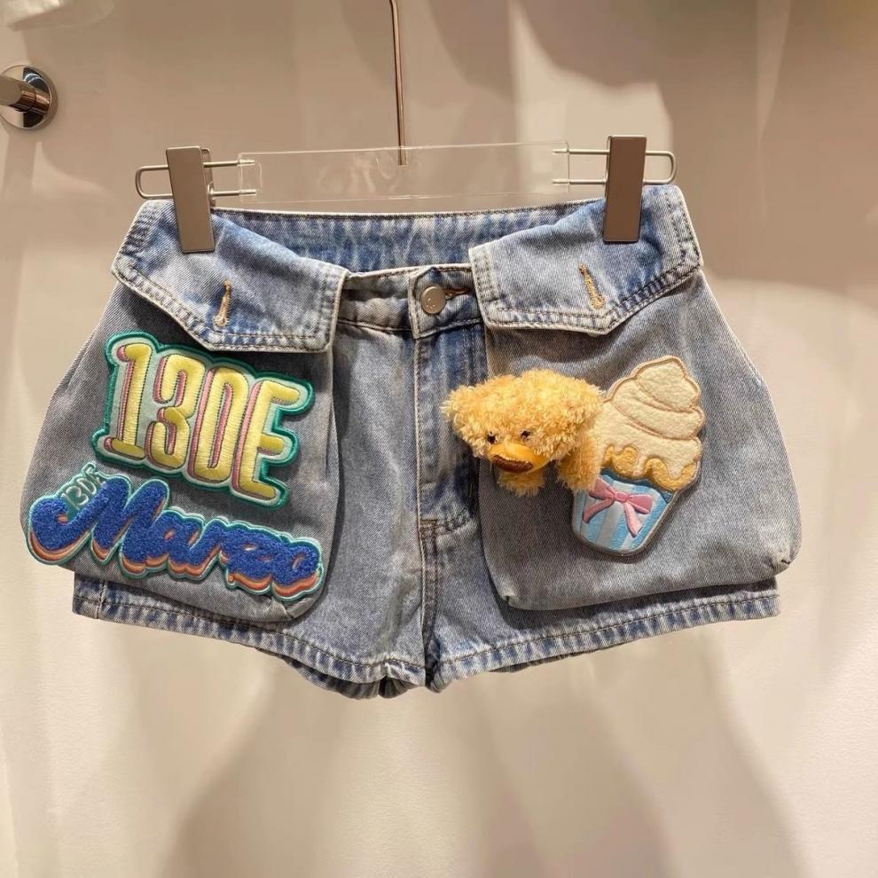 2026 Summer New Design: Stylish 3D Bear Velcro Denim Shorts for Women, Loose Fit Shorts S синий