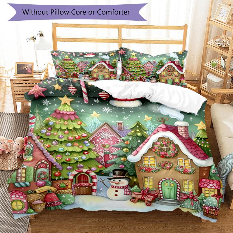 3pcs Christmas Street Bedding Set Duvet Cover Closure Includes 1 Duvet Cover & 2 Pillowcases, Soft and Comfortable for All Seasons.