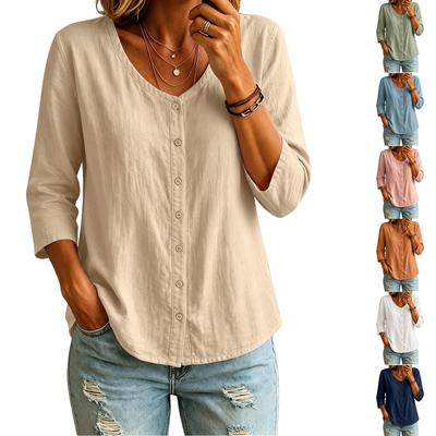 Women's U-Neck Cotton Button Down Long Sleeve Shirt