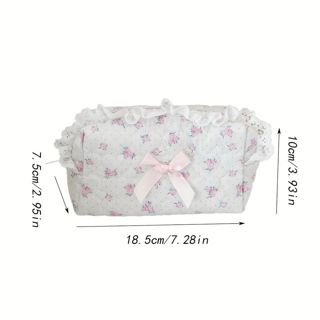 Sweet Floral Cosmetic Bag for Women - Pink Rose Design with Ruffled Edges & Ribbon Bow, Cute Makeup Bag, Playful Aesthetic