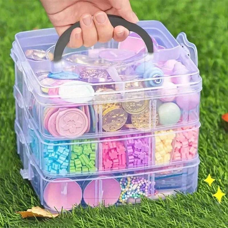 Non-Toxic 3-Tier Transparent Handle Adjustable Stackable Compartment Plastic Storage Box For Organizing Stamps Jewelry And Accessories