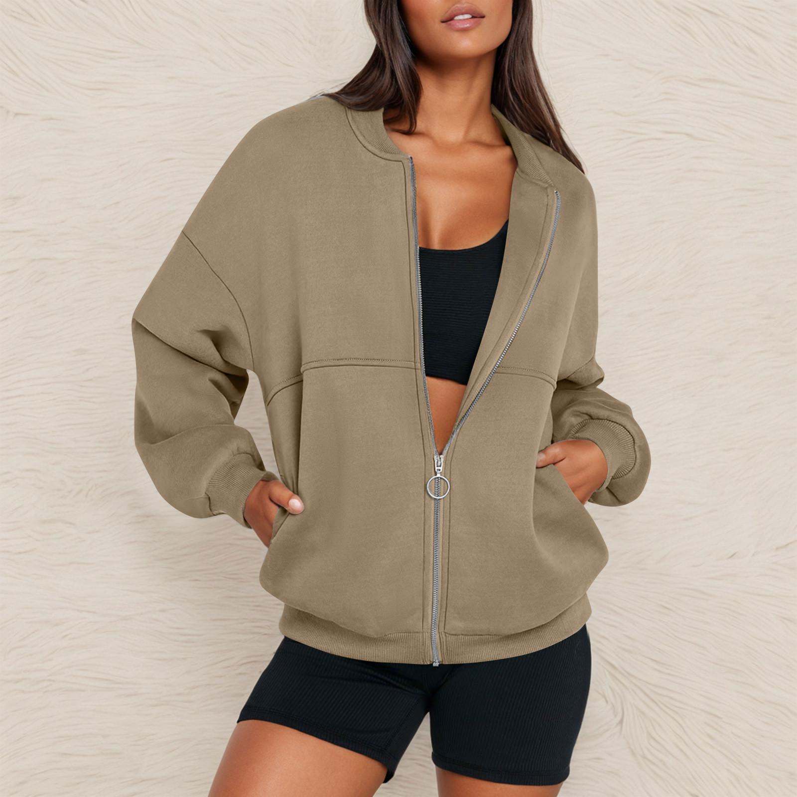 

Жіноча куртка великого розміру на блискавці з довгим рукавом, повсякденний верхній одяг XL хакі