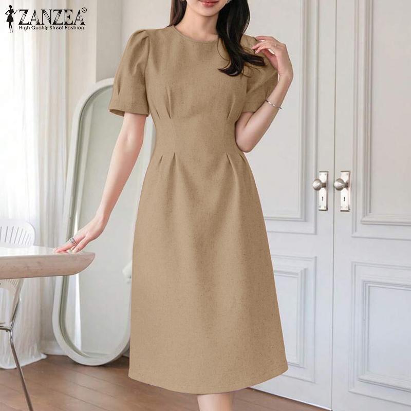 ZANZEA Women Casual Round Neck Solid Color Summer Short Sleeve Dress