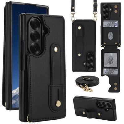 Crossbody Phone Case for Samsung Galaxy Z Fold 7 Fold6 5 4 Leather Metal Snap Wrist Strap Card Holder Wallet Cover with Strap