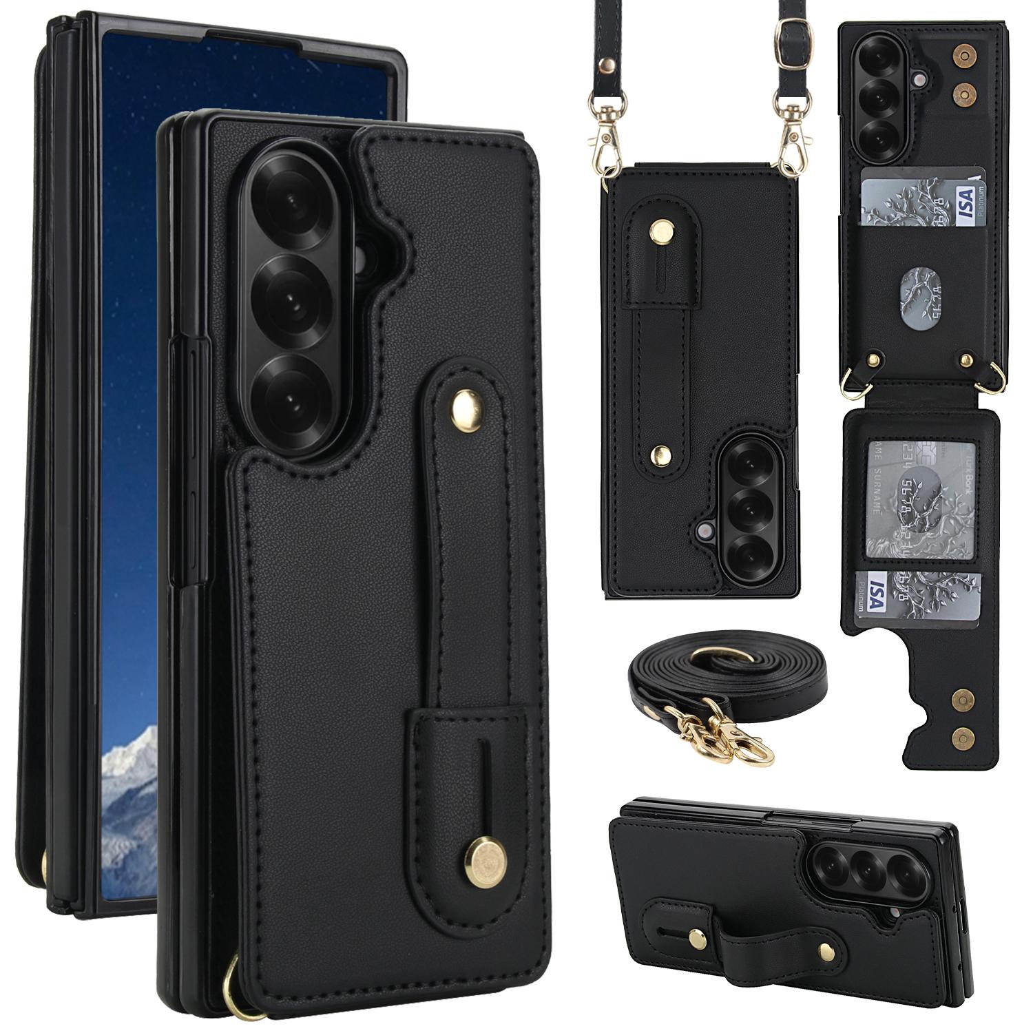 

For Samsung Galaxy Z Fold7 5G Case Kickstand Card Slots Leather Coated TPU Cover with Shoulder Strap Black