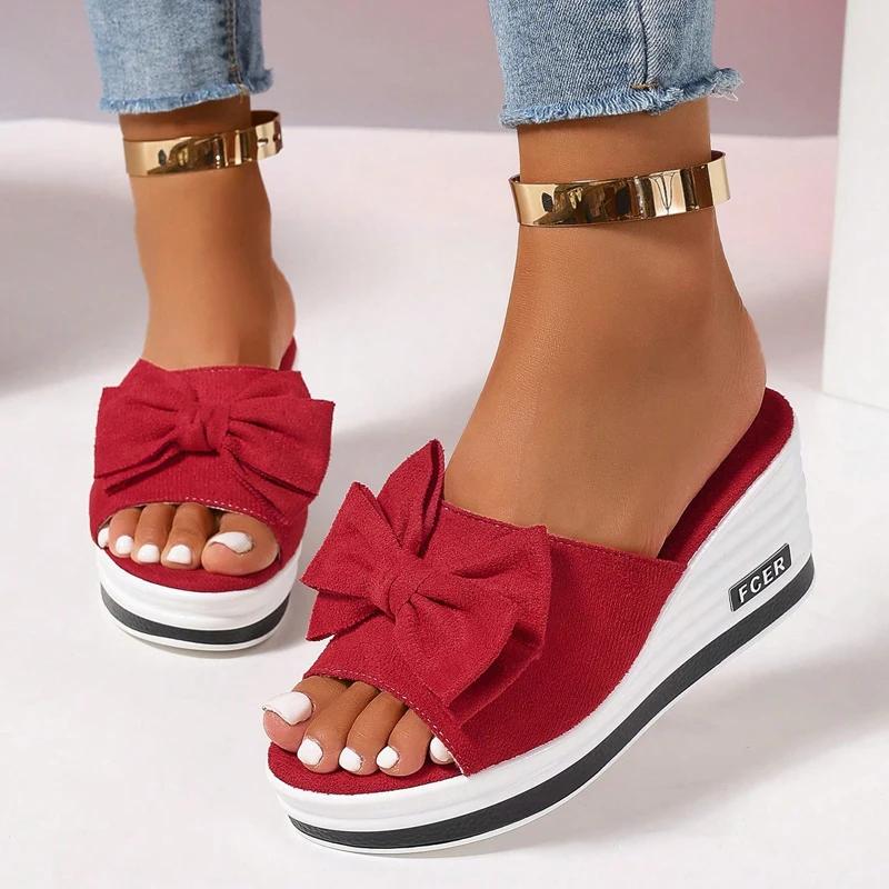 

Fashion 2025 New Women Wedge Sandals Bow Tie Peep Toe Fashion Sandals Platform Wedges High Heels Shoes Women Beach Outdoor Ladies Shoes 35 красный