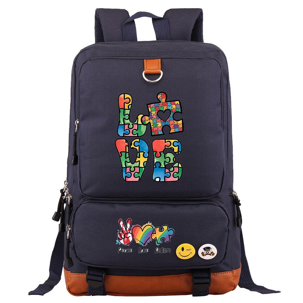 Autism Awareness LOVE Puzzle Print Back To School Backpack Casual Daypack Large Capacity Student Bookbag for Boys Girls Travel
