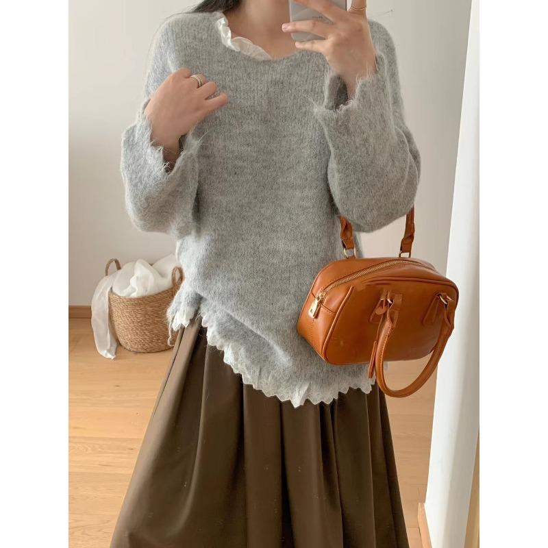 Spring new lace splicing knitted sweater top loose soft waxy lazy wind sweet sweater pullover woman