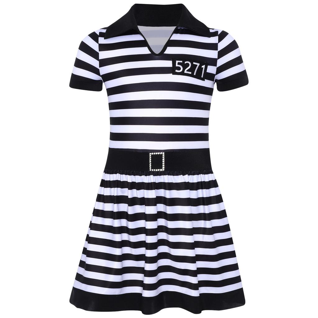 Girls Prisoner Costume Striped Dress Turn Down Collar V Neck Short Sleeve Built In Briefs Crotch Button Ruffled Skirt