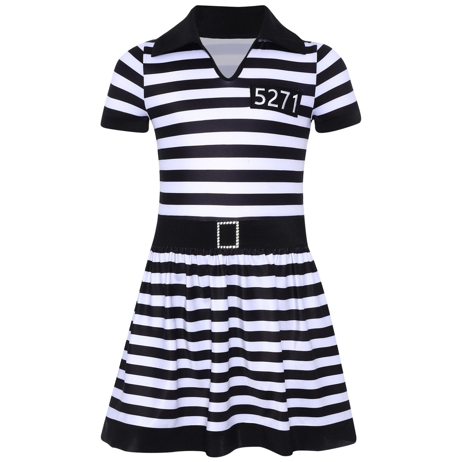 

Girls Prisoner Costume Striped Dress Turn Down Collar V Neck Short Sleeve Built In Briefs Crotch Button Ruffled Skirt 5-6 Years чорний/білий