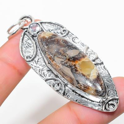 Natural Septerian Stone, White Topaz 925 Sterling Silver Pendant 2.80" O2W20
