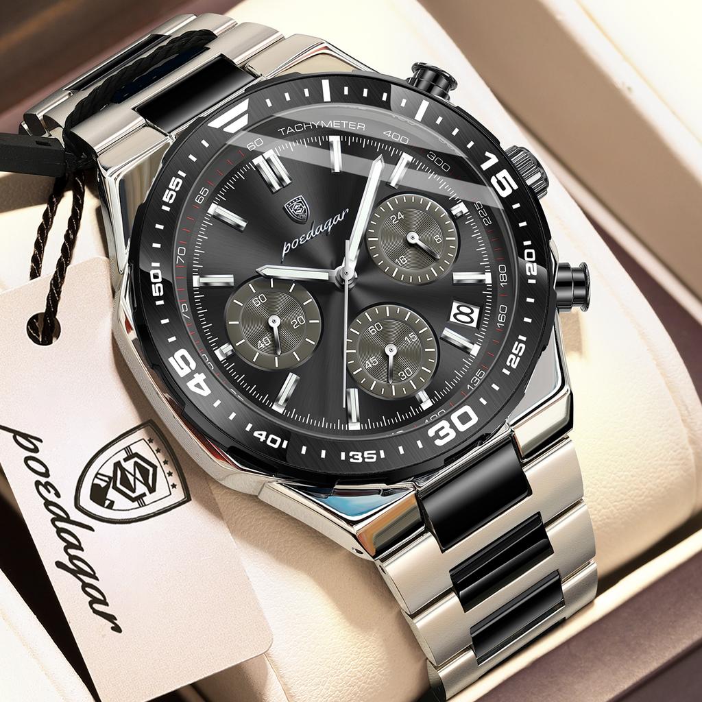 POEDAGAR Top Luxury Man Wristwatch Date Waterproof Luminous Chronograph Watch for Men Stainless Steel Quartz Watches Reloj