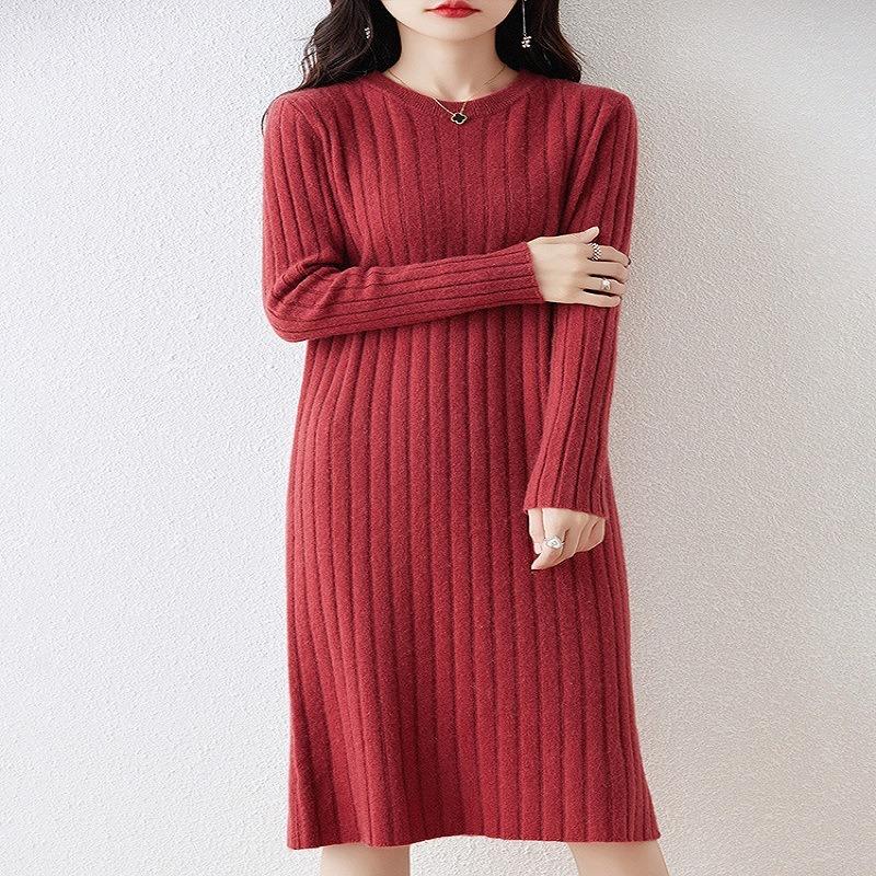 New dress women's autumn and winter long knee sweater skirt slim crew neck knitted bottoming skirt