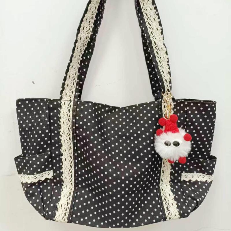 Korean Vintage Polka Dot Canvas Shoulder Bag Women Cute Lace Handle Bag Large Capacity Tote Casual and Versatile Storage Bags