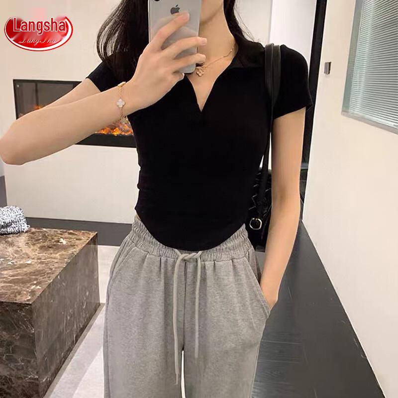 LANGSHA Women's Slim Fit Polo Collar Short Sleeve T-shirt