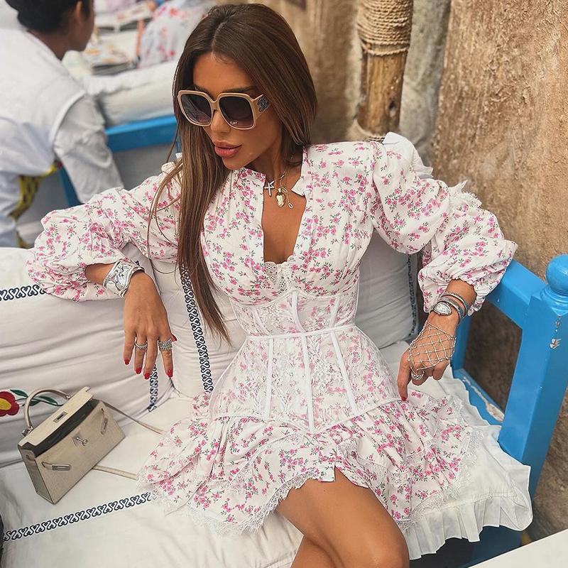 Rochie florală cu mânecă lungă, cu decolteu în V adânc, imprimeu, pentru femei, dantelă, mozaic, talie înaltă, mini rochii subțiri, pentru femei, la modă de stradă, la petrecere, rochie elegantă de vacanță