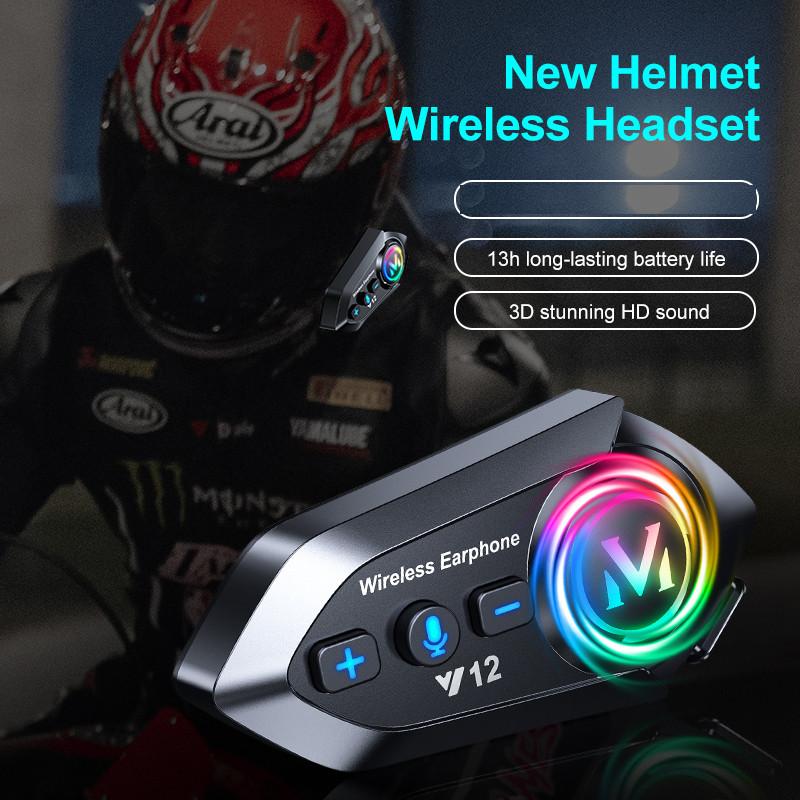 V12 Motorcycle Bluetooth Headset IP56 Waterproof Helmet Communication System with Noise Reduction and FM Radio