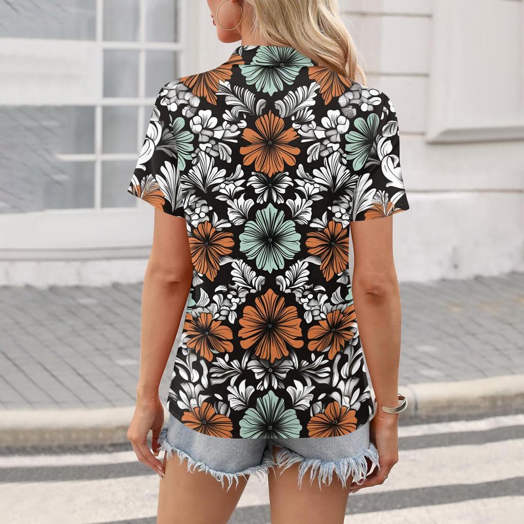 Women's Casual V Neck Short Sleeve Floral Print Polo Shirt Lightweight Summer Top with Collar for Daily Wear