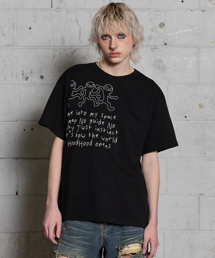 HOODHOOD Three Alien Damaged Short Sleeve T-Shirt Black