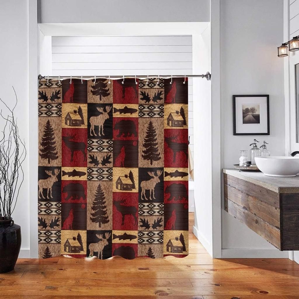 Rustic Patchwork Shower Curtain, Bear Moose Deer Tree Woodland Wild Animal Retro Country Cabin Farmhouse Fabric Shower Curtains for Bathroom,