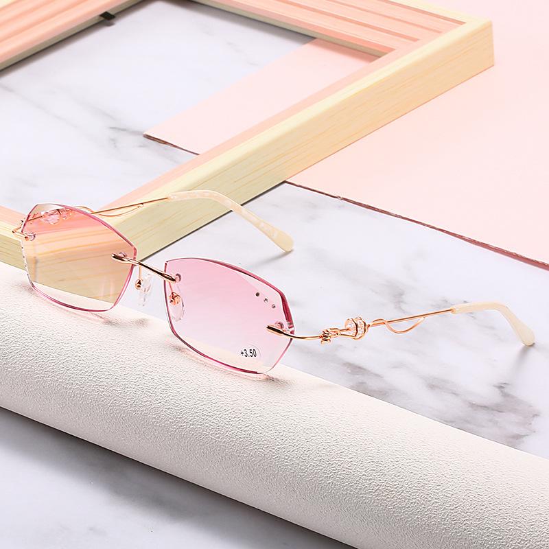 Diamond Cutting Reading Eyeglasses Alloy Rimless Women Pink Gradient Reading Glasses Woman Rhinestone Metal Anti Blue +3.0