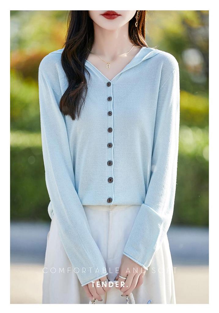 Tencel Linen Hooded Knit Cardigan - Women's Long Sleeve Solid Color Loose Fit Top