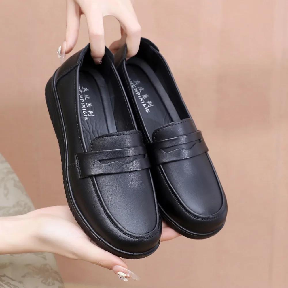 Single Shoe Women's Spring and Autumn New Casual Round Toe Soft Soled Womens Leather Shoes Comfortable Mother Single Shoe loafer