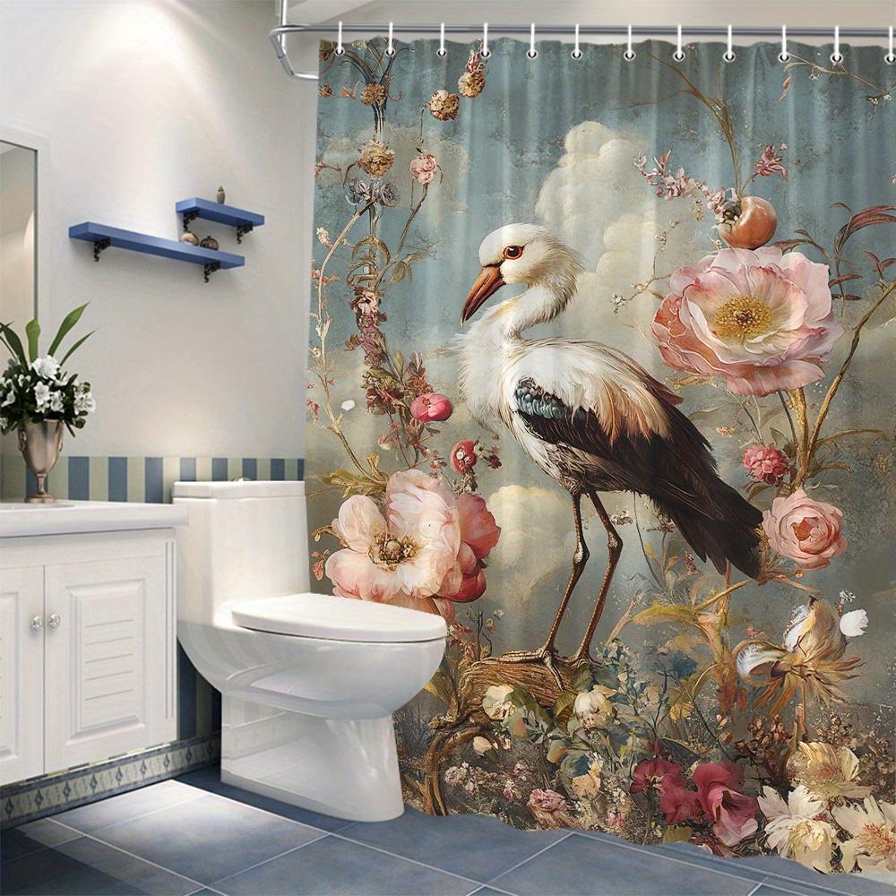 Elevate Your Bathroom with a Waterproof Shower Curtain Featuring Elegant Bird and Floral Design for Aesthetic Appeal
