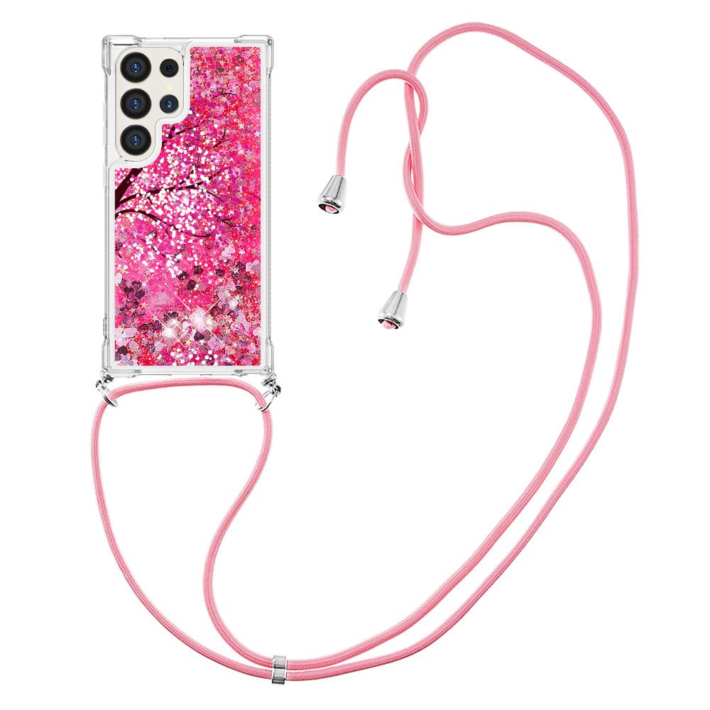 

For Samsung Galaxy S24 Ultra TPU Case with Lanyard Quicksand Pattern Print Phone Cover Cherry Blossom