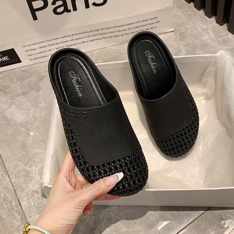 

Поверхность из полой сетки, дышащая внутренняя сумка для увеличения высоты, тапочки с закрытым носком, женские 2025 лето, новые модные и удобные, для улицы, на один шаг 40-41 чёрный