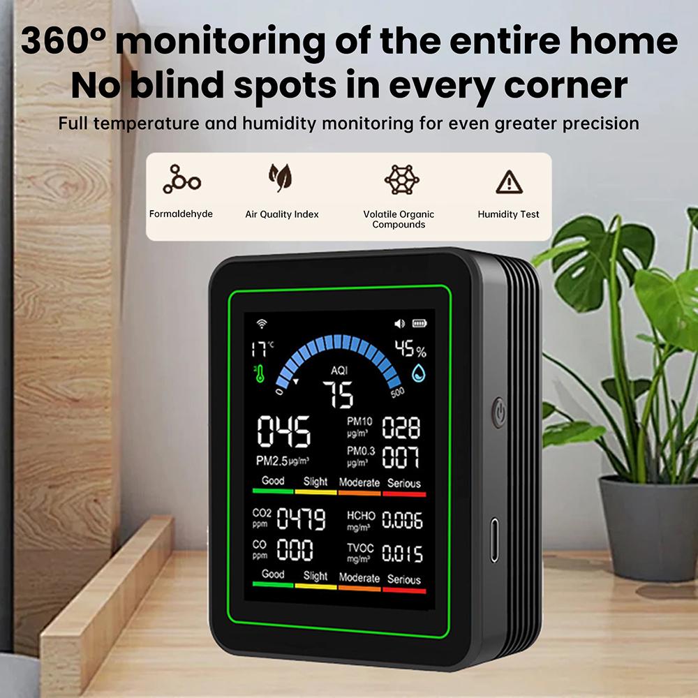 Upgraded 10-in-1 Air Quality Detector with 24-Hour Battery Life PM2.5 Formaldehyde TVOC Temperature Humidity CO2 Monitor