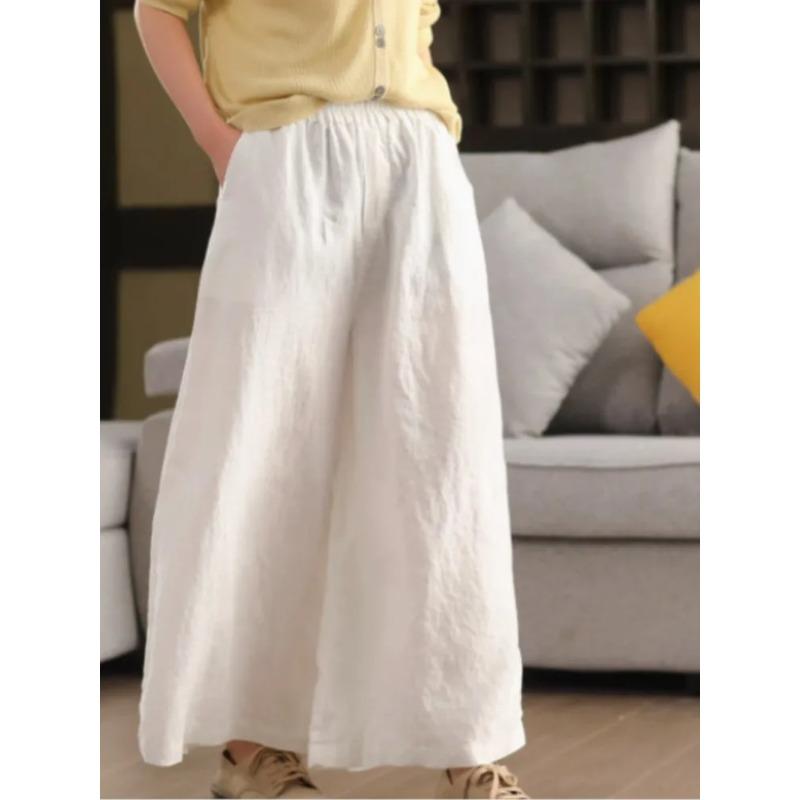 

Johnature Women Vintage Linen Wide Leg Pants Elastic Waist Solid Color Trousers Spring Loose Casual Female Long Pants S белый