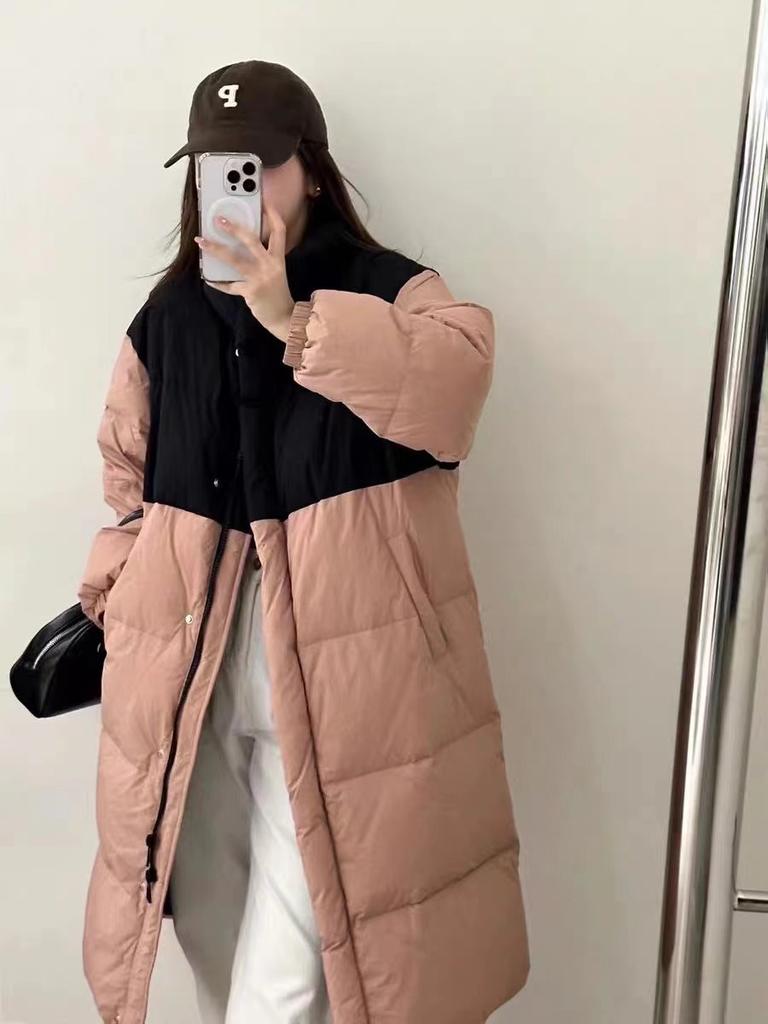 Contrast color down jacket women's medium and long autumn and winter new loose thickened stand-up collar white duck down jacket tide