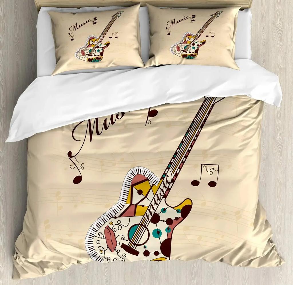 Gitarren Bettbezug Set, E-Gitarre im brennenden Hardrock Musikalische Kreativität Konzept, Schlafzimmer Dekor Bettwäsche Set Dekor