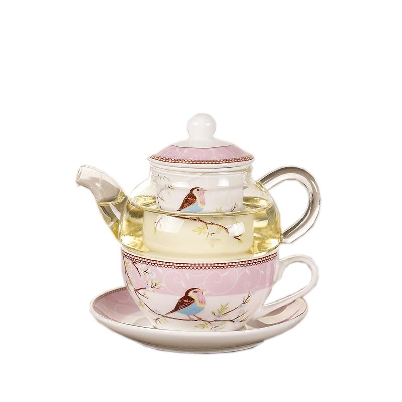 Gut- Blumenteekanne Blume Vogel Tasse Untertasse Hitzebeständiges Glas Topf Set Kaffeetasse Nachmittagstee Teegeschirr