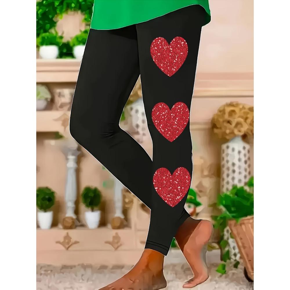 Damen Leggings Vintage Mode Lässig Knöchellang Hoher Bund Glitzerndes Herz Muster Thermisch Warm Weich Atmungsaktiv Mikroelastisch
