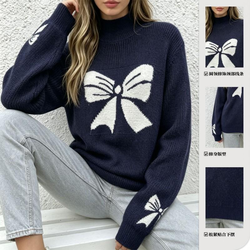 2026 Fall Winter Bow Knit Sweater Women Loose Fitting Pullover Top