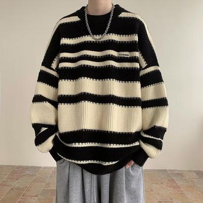 New Sweater Men's Winter Round Neck Sweater Jacket Boys Couple Pullover Lazy Striped Splicing Base