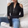 Elegant Women's Solid Color Pit Free Zipper Stand Collar Off-shoulder Long-sleeved T-shirt Slimming Top