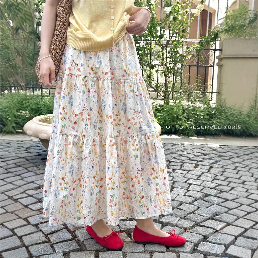 

2025 Spring/Summer Korean Fashion Floral Midi Skirt with Elastic Waist and Slimming Design XL