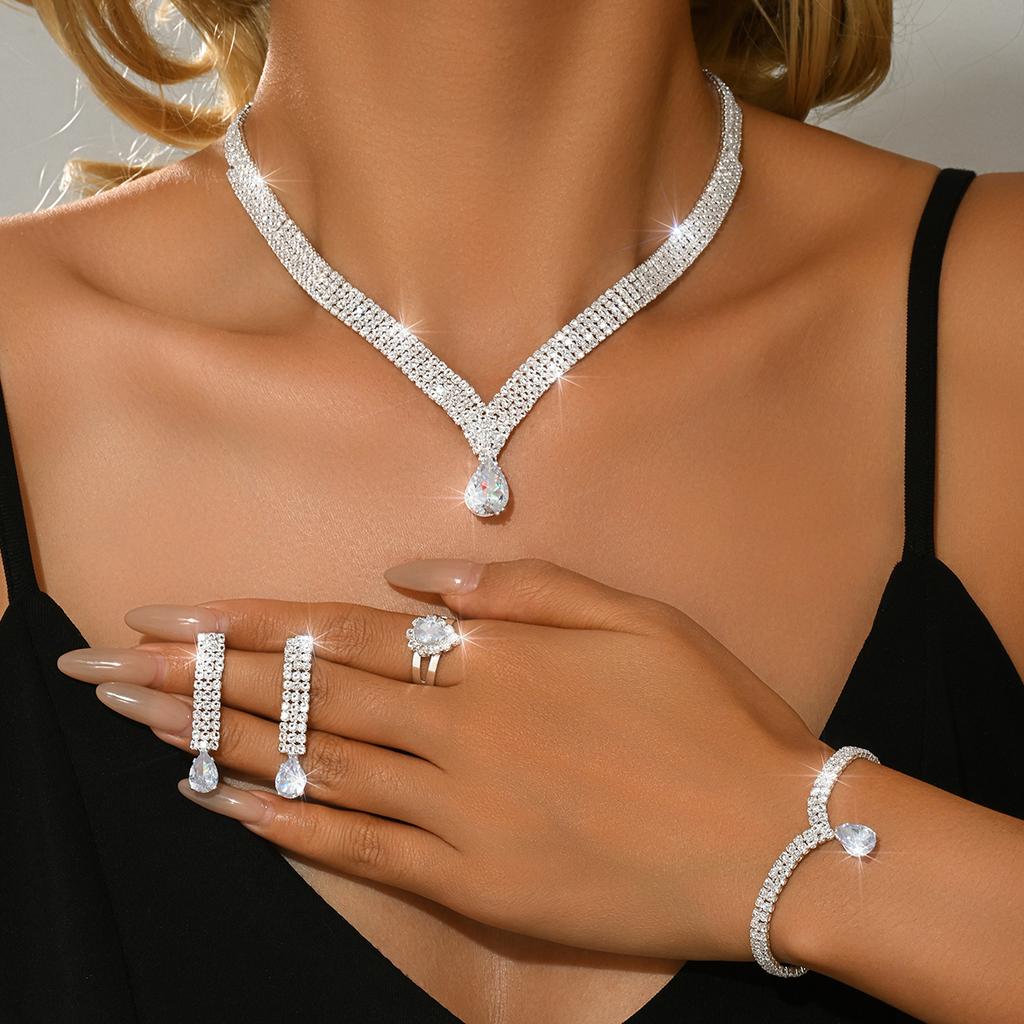 Cross Border Bridal Wedding Accessories Necklace, Bracelet, Earrings, Ring Set, Women's Four Piece Set