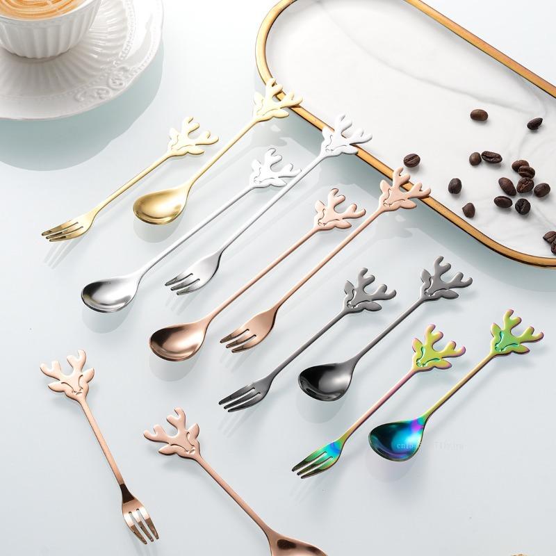 12cm 15cm Christmas Deer Spoon Fork Stainless Steel Coffee Stirring Spoon Tableware for Dessert Fruit Christmas Gift Home Decor